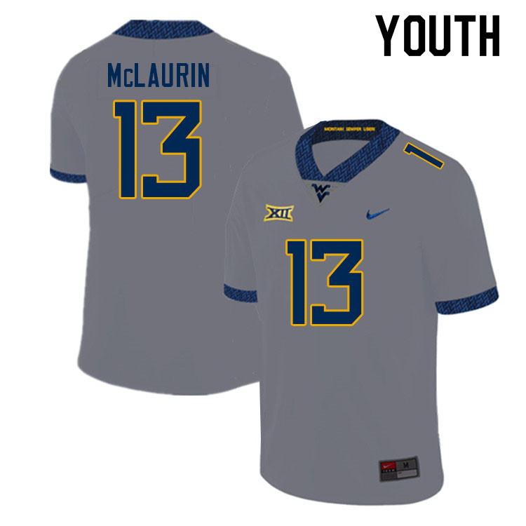 Youth #13 Hershey McLaurin West Virginia Mountaineers College Football Jerseys Sale-Gray - Click Image to Close